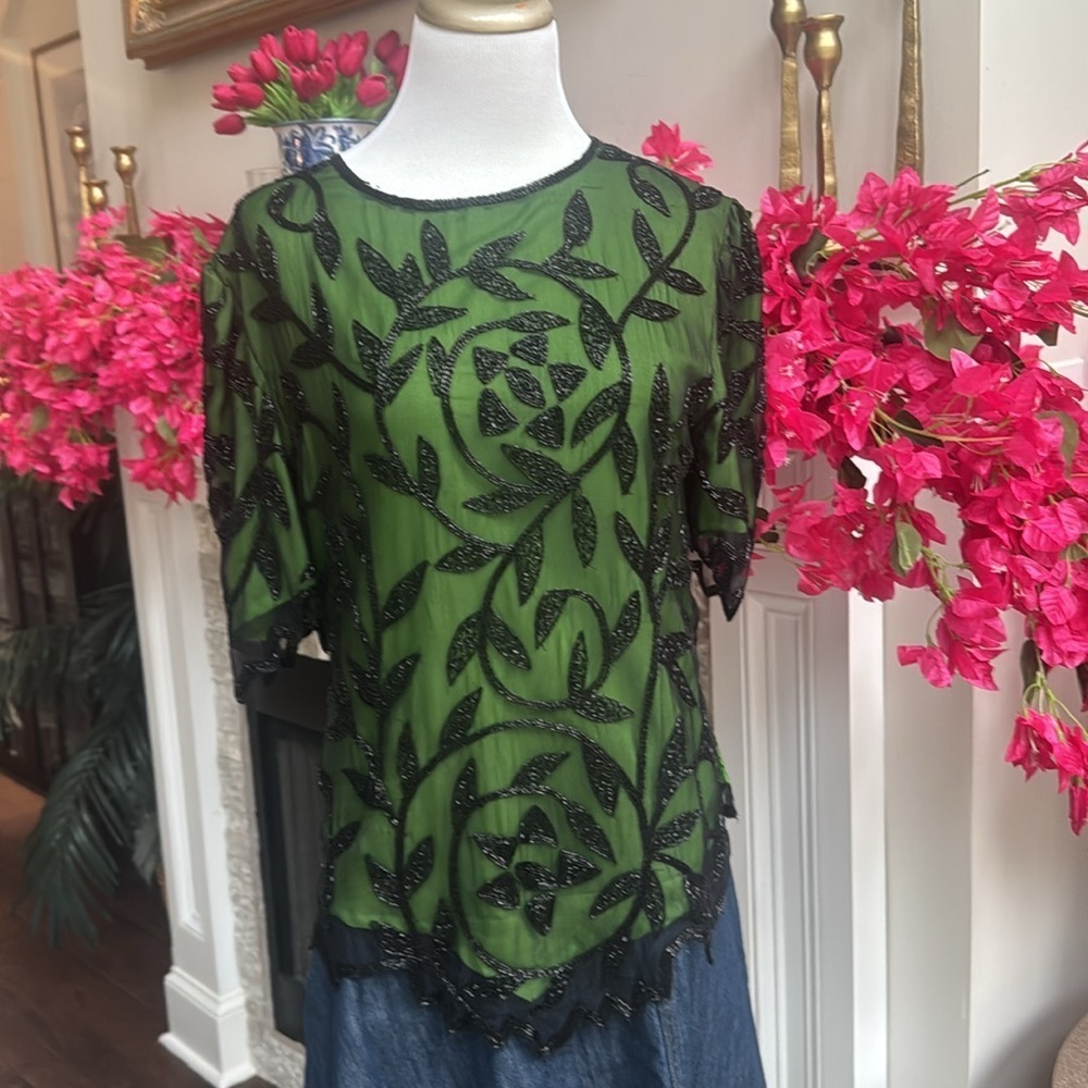 Vintage Sequin Green Lining Black Sheer and Sequin Women's Top - Small